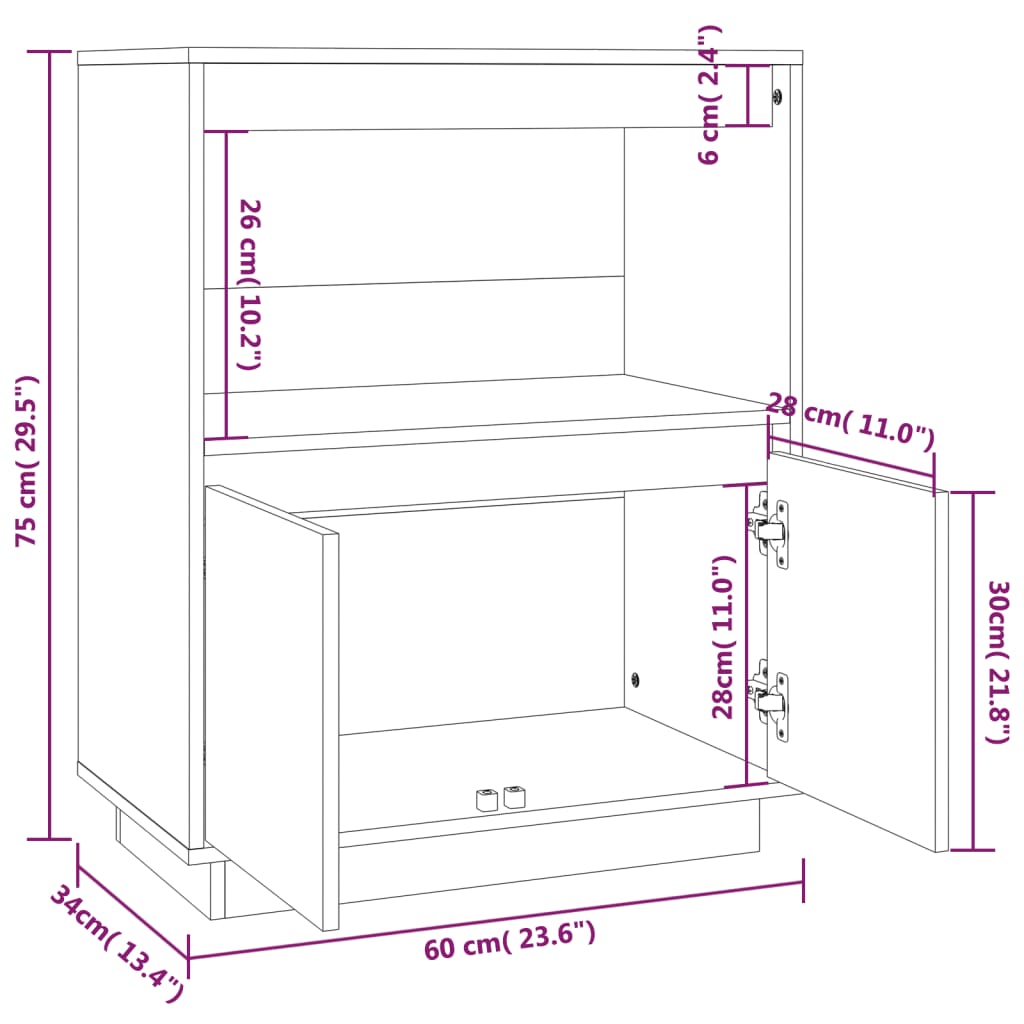 Credenza 60x34x75 cm in Legno Massello di Pino