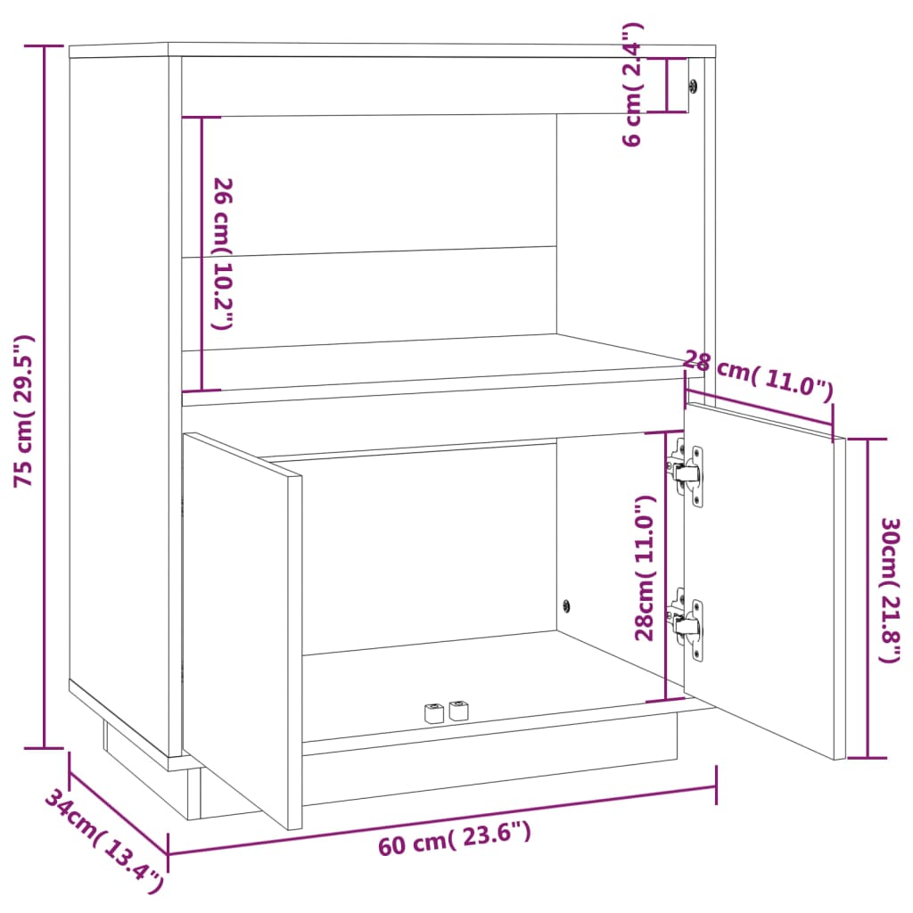 Credenza Nera 60x34x75 cm in Legno Massello di Pino 813524