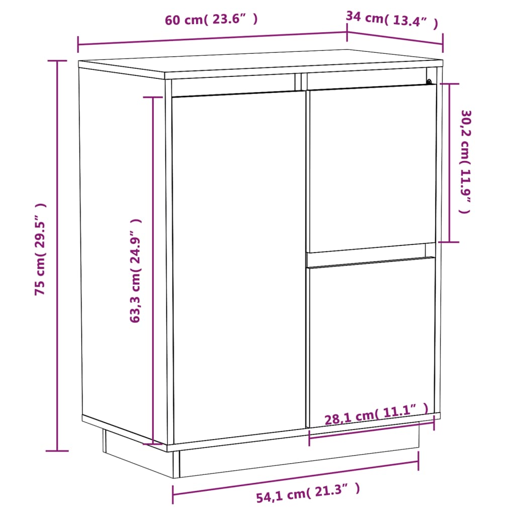 Credenza Bianca 60x34x75 cm in Legno Massello di Pino