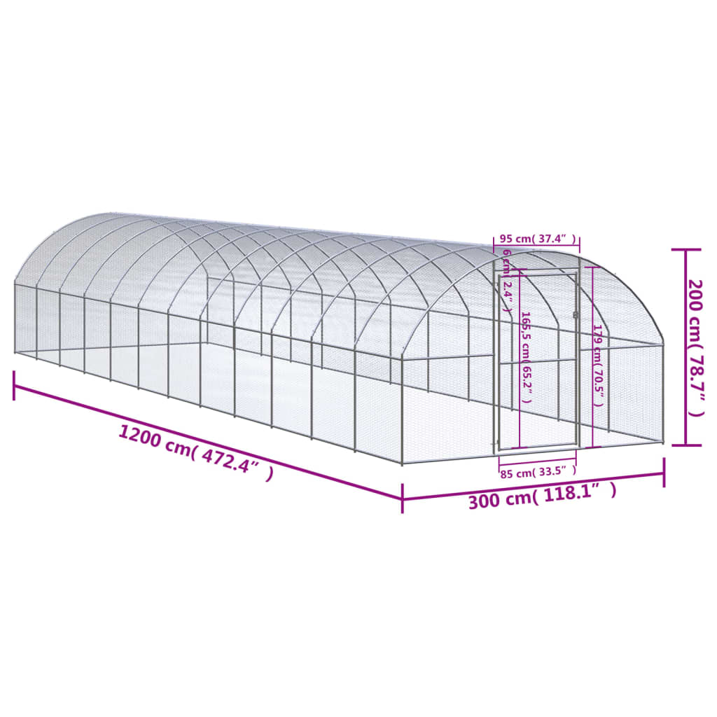 Gabbia per Polli da Esterno 3x12x2 m in Acciaio Zincato 3095468