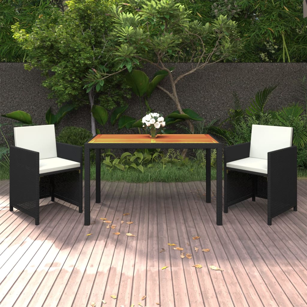 Set da Pranzo da Giardino 3 pz con Cuscini in Polyrattan Nero cod mxl 56048