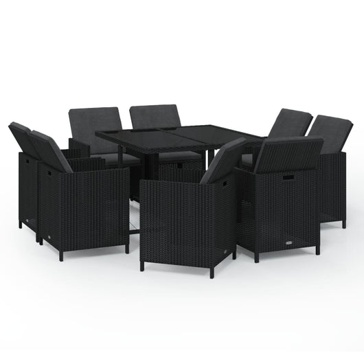 Set da Pranzo per Giardino 9 pz con Cuscini in Polyrattan Nero cod mxl 50593