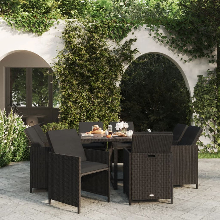 Set da Pranzo per Giardino 9 pz con Cuscini in Polyrattan Nero 3095506