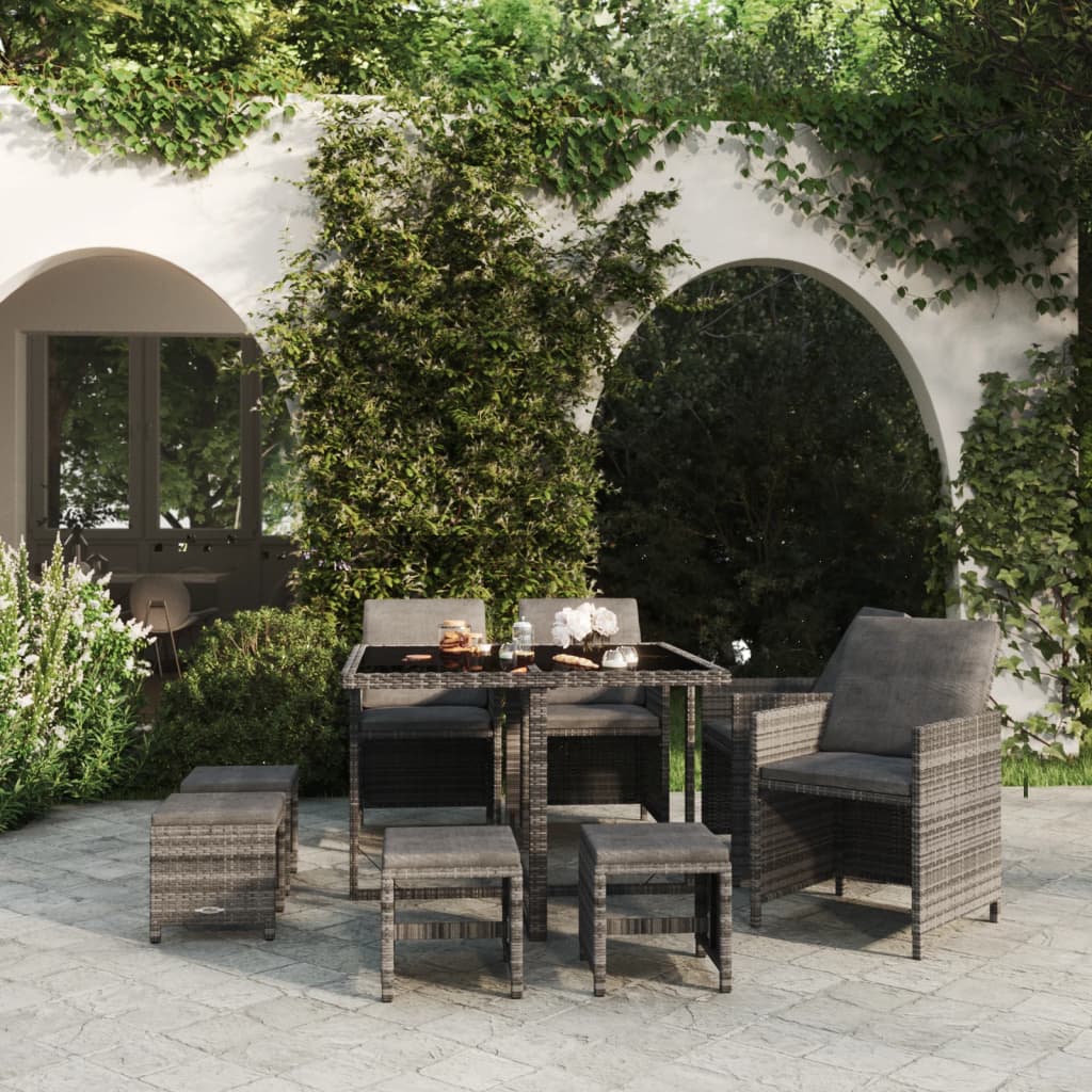 Set da Pranzo per Giardino 9 pz con Cuscini Polyrattan Grigio 3095511