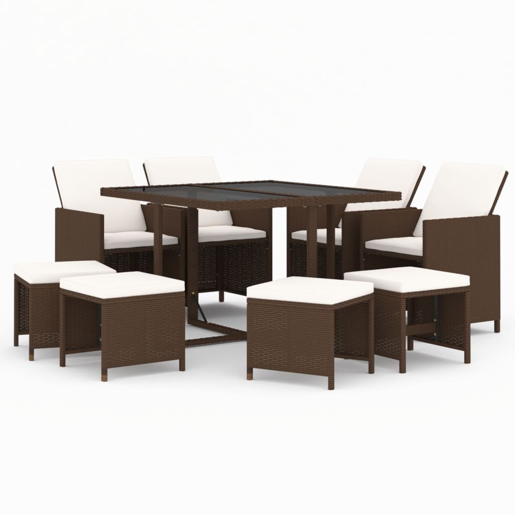 Set da Pranzo per Giardino 9 pz con Cuscini Polyrattan Marrone cod mxl 38857