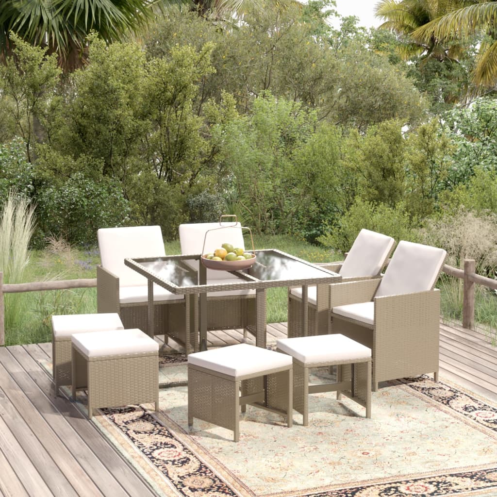 Set da Pranzo per Giardino 9 pz con Cuscini in Polyrattan Beige cod mxl 38600