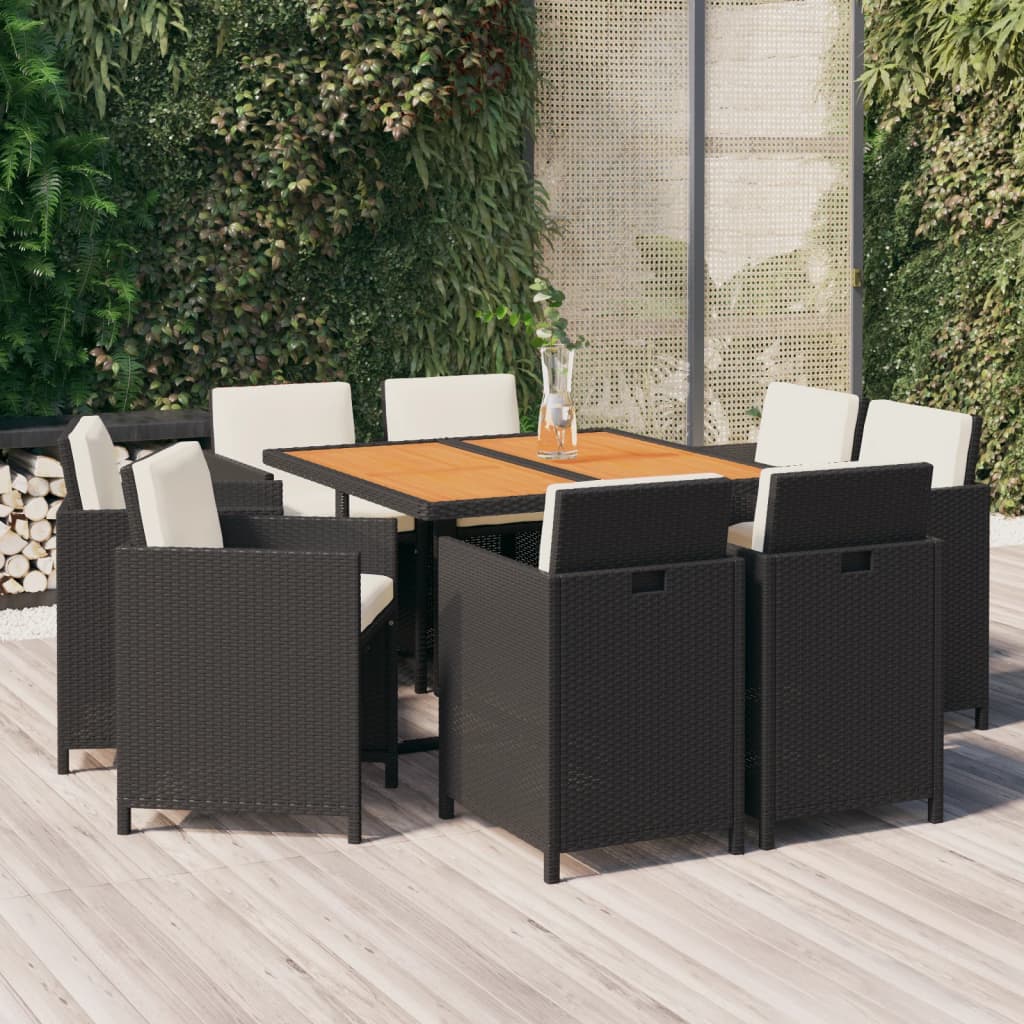 Set da Pranzo per Giardino 9pz con Cuscini in Polyrattan Nero