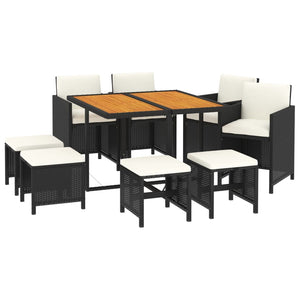 Set da Pranzo per Giardino 9pz con Cuscini in Polyrattan Nero cod mxl 40313