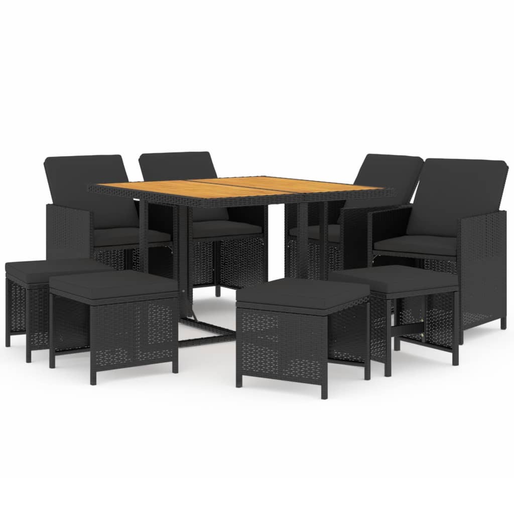 Set da Pranzo da Giardino 9 pz con Cuscini in Polyrattan Nero 3095523