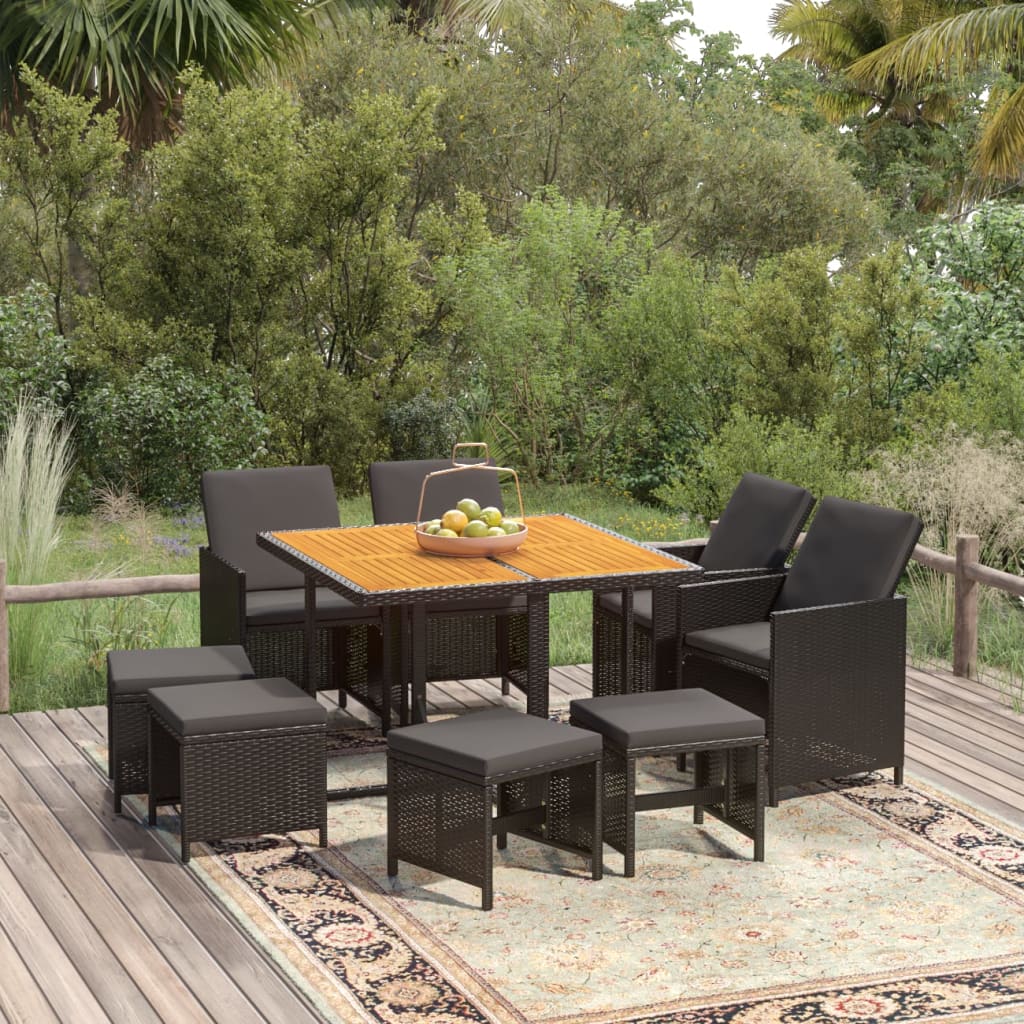 Set da Pranzo da Giardino 9 pz con Cuscini in Polyrattan Nero cod mxl 42927