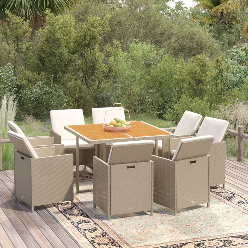 Set da Pranzo per Giardino 9pz con Cuscini in Polyrattan Beige cod mxl 38602