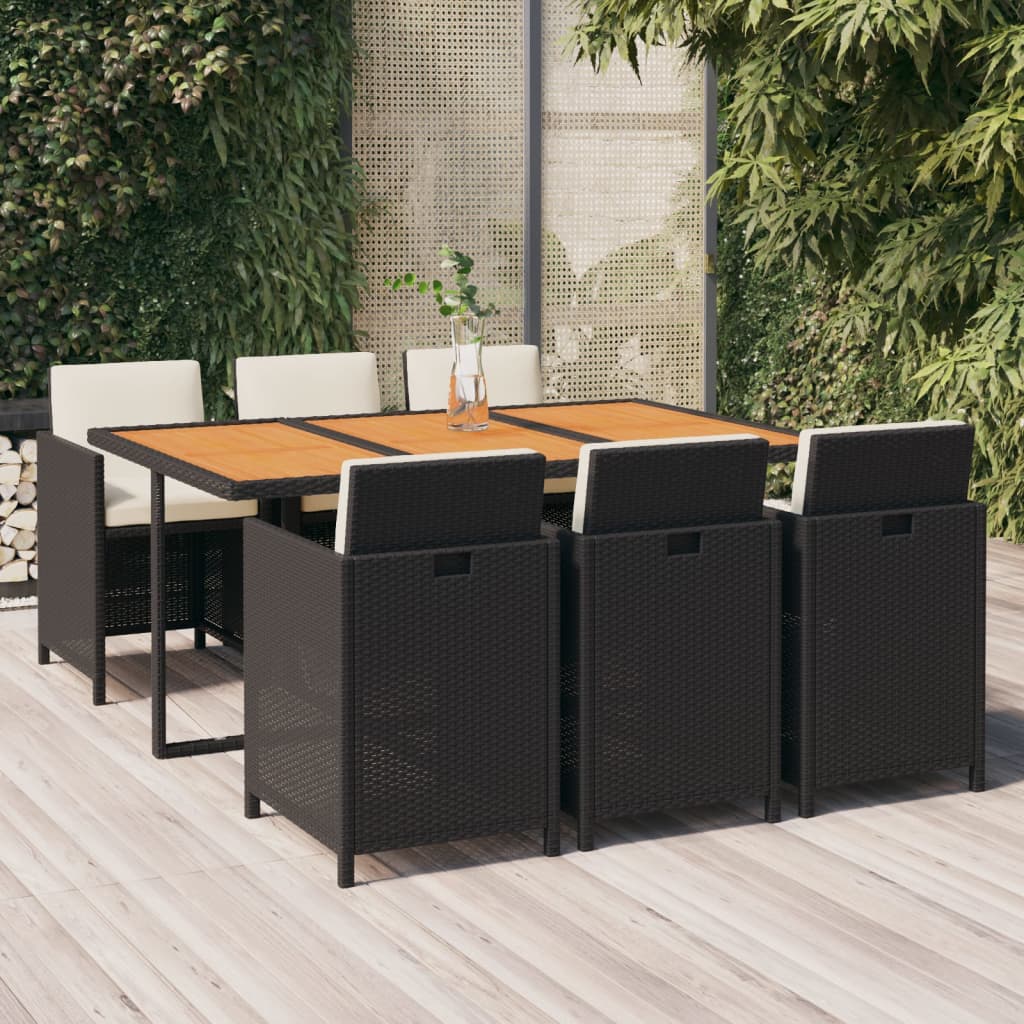 Set da Pranzo da Giardino 7 pz con Cuscini in Polyrattan Nero 3095545