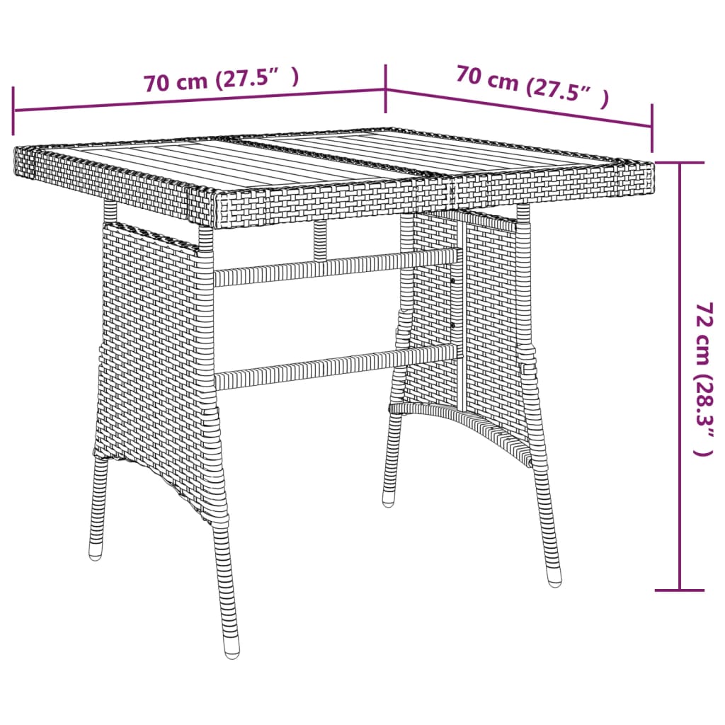 Tavolo Giardino Nero 70x70x72 cm Polyrattan e Massello d'Acacia 318692