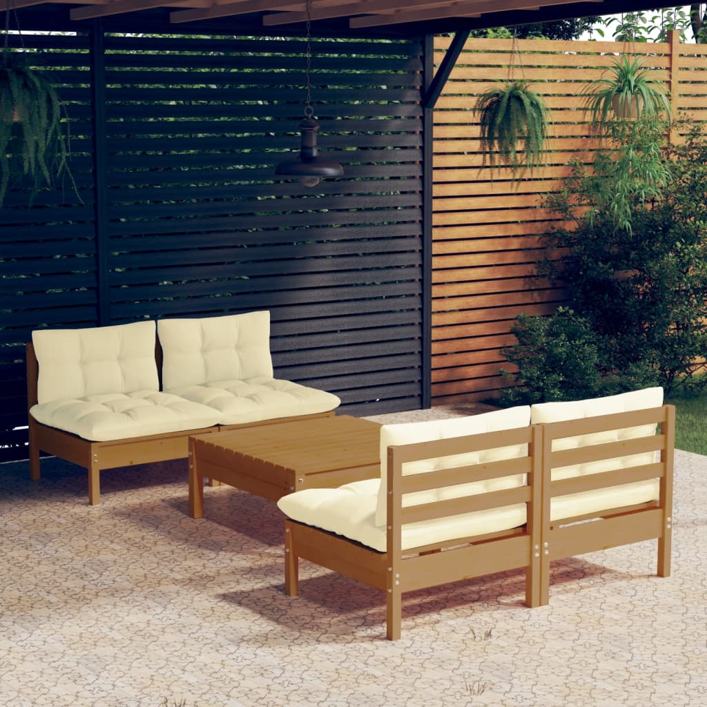 Set Divani da Giardino 5 pz con Cuscini Crema in Legno di Pino 3096007