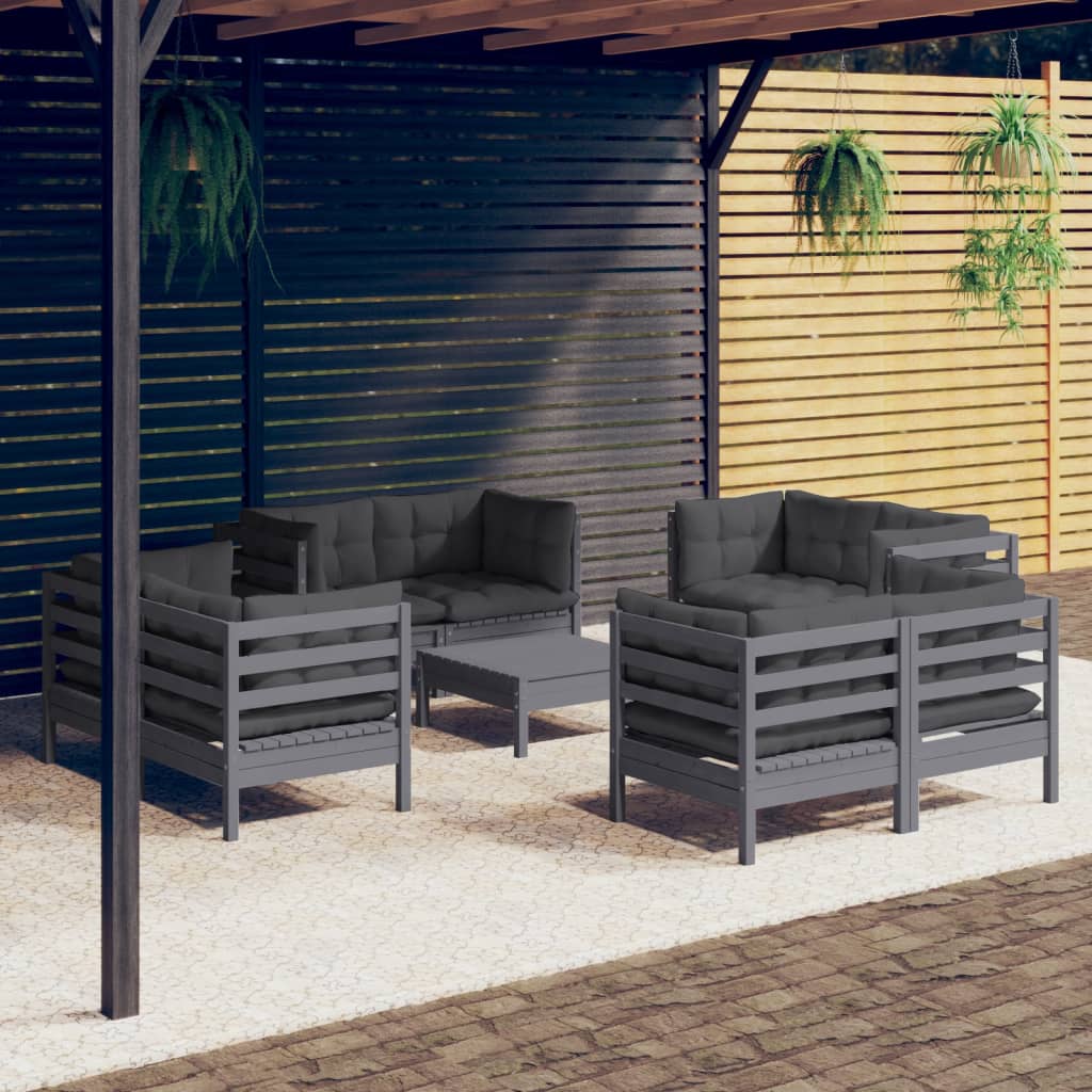 Set Divani da Giardino 9 pz con Cuscini Antracite Legno di Pino 3096066