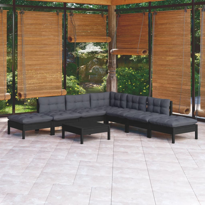 Set Divani da Giardino 8 pz con Cuscini Neri in Legno di Pino 3096332