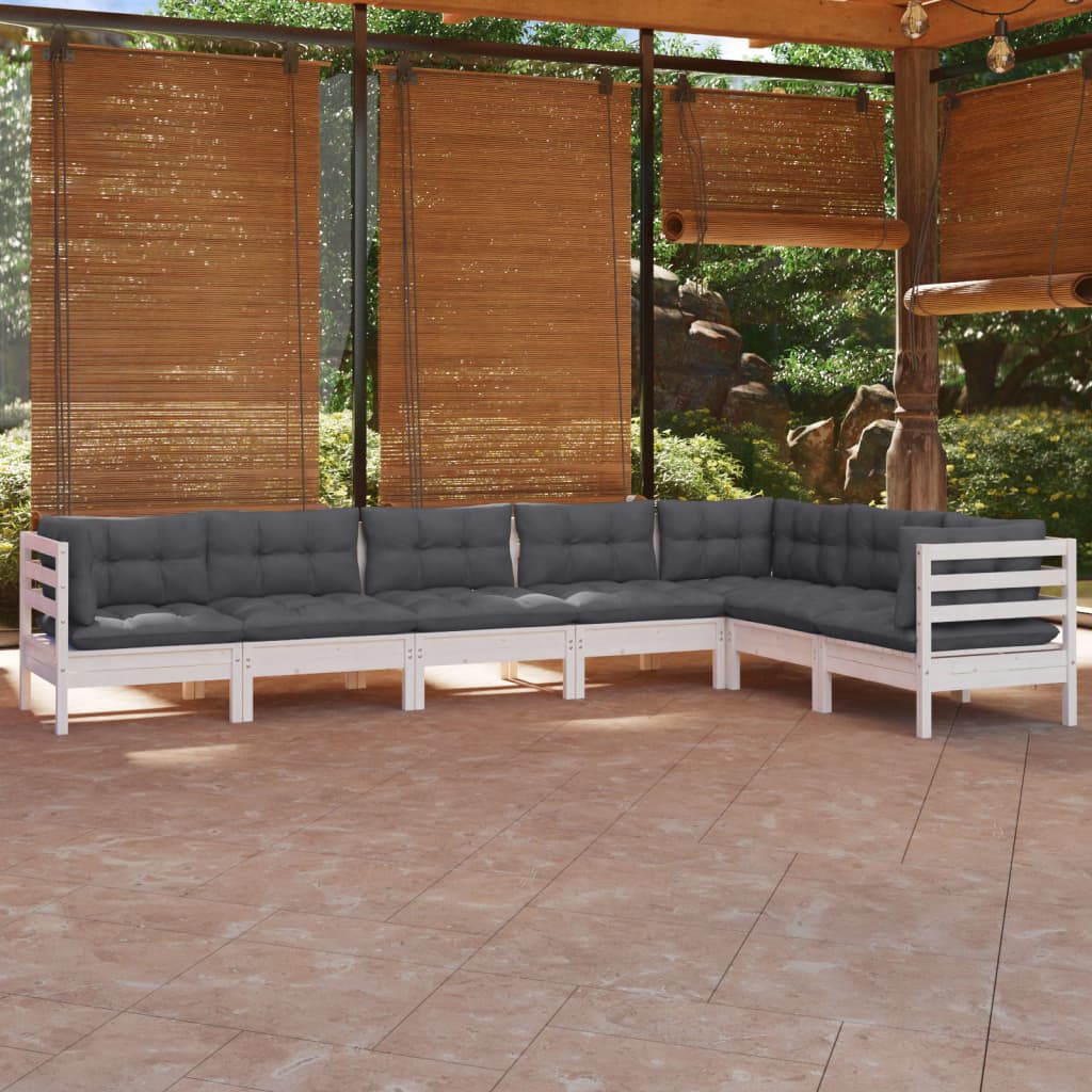 Set Divani da Giardino 7 pz con Cuscini Bianchi Legno di Pino 3096696