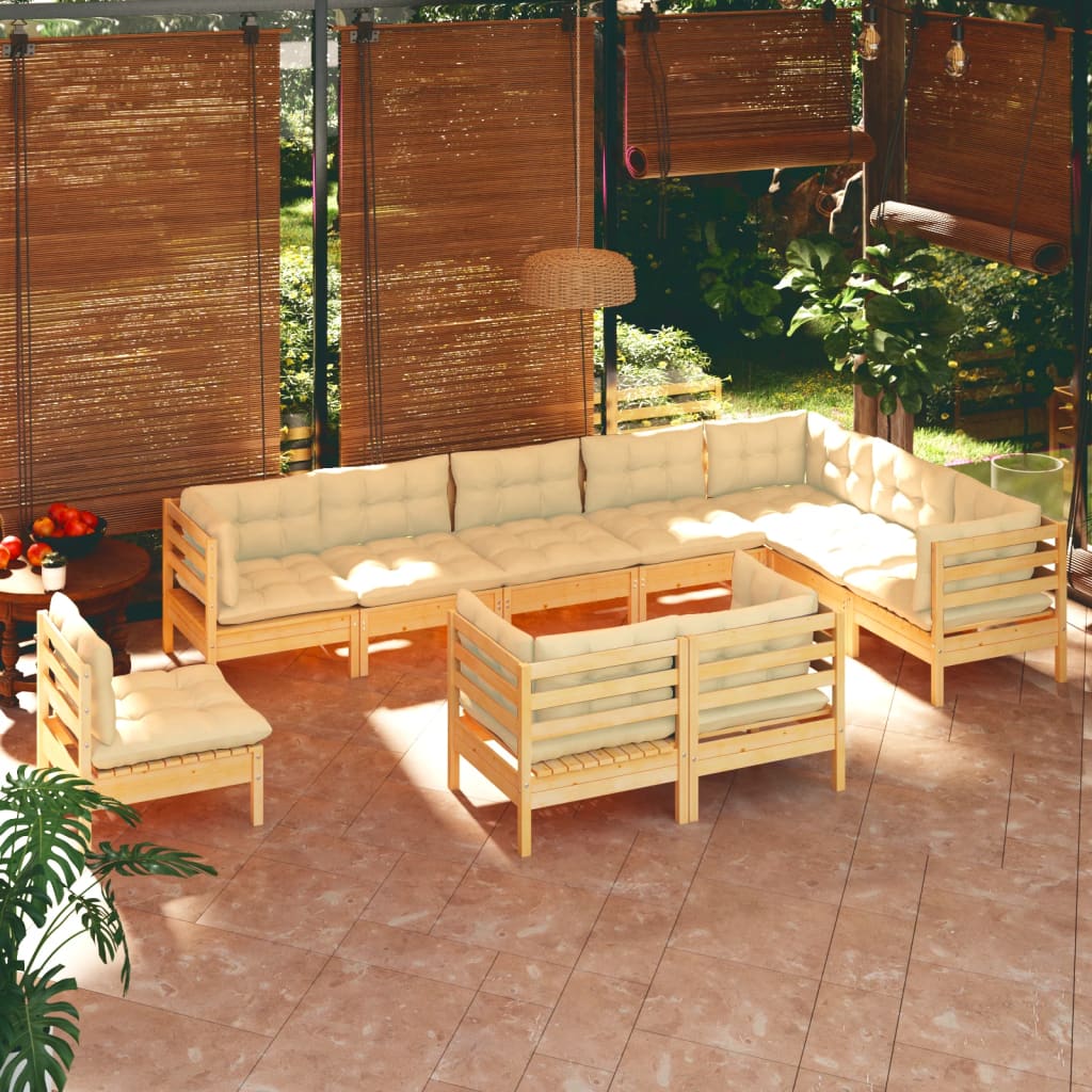 Set Divani da Giardino 10 pz con Cuscini Crema in Massello di Pino 3096779