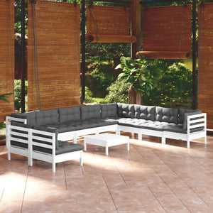 Set Divani da Giardino 11 pz con Cuscini Bianchi Legno di Pino 3096846