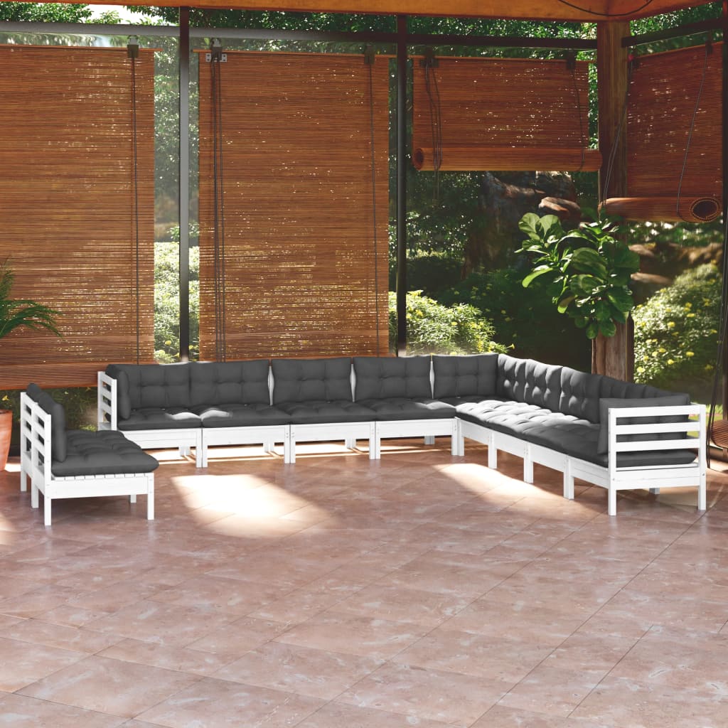 Set Divani da Giardino 11 pz con Cuscini Bianchi Legno di Pino 3096852