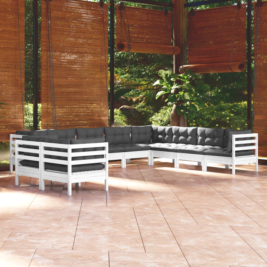 Set Divani da Giardino 10 pz con Cuscini Bianchi Legno di Pino 3096912