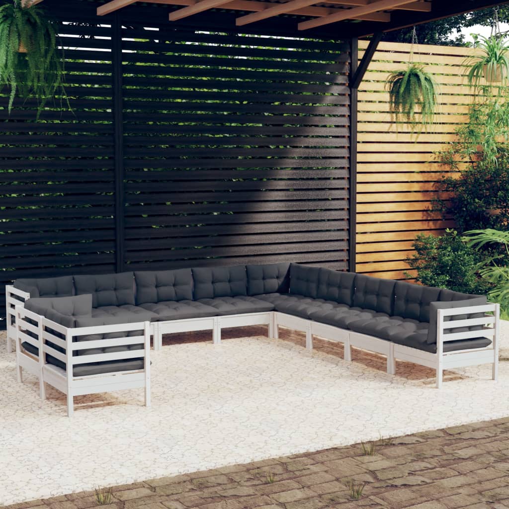 Set Divani da Giardino 11 pz con Cuscini Bianchi Legno di Pino 3096924