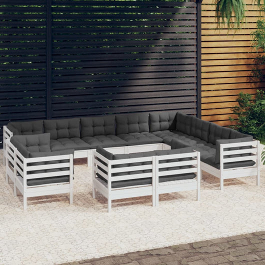 Set Divani da Giardino 12 pz con Cuscini Bianchi Legno di Pino 3096948