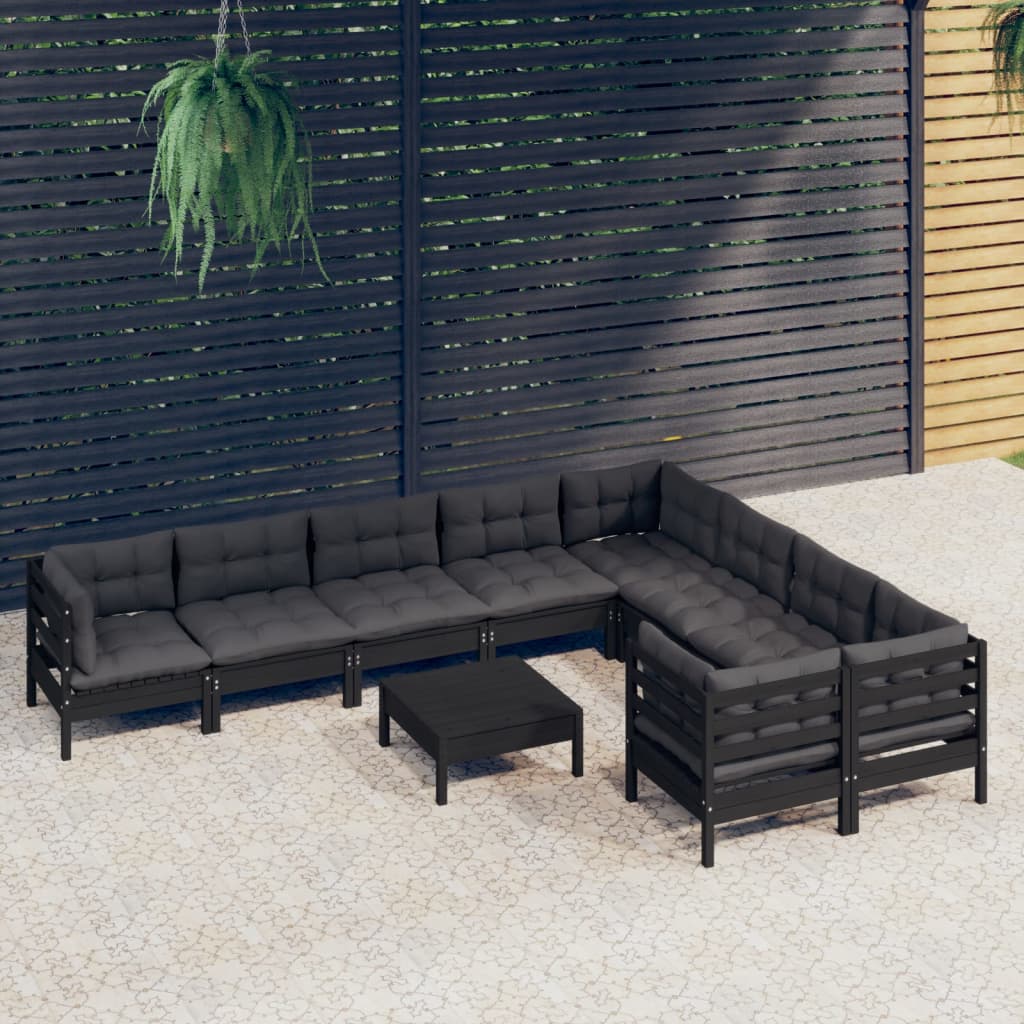 Set Divani da Giardino 10 pz con Cuscini Neri Legno di Pino cod mxl 43371