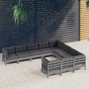 Set Divani da Giardino 10 pz con Cuscini Grigi Massello di Pino 3096997