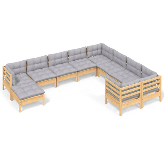 Set Divani da Giardino 10 pz con Cuscini Grigi Massello di Pino 3097030