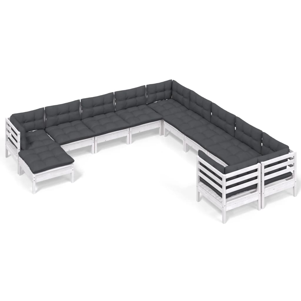 Set Divani da Giardino 11 pz con Cuscini Legno di Pino Bianco 3097056