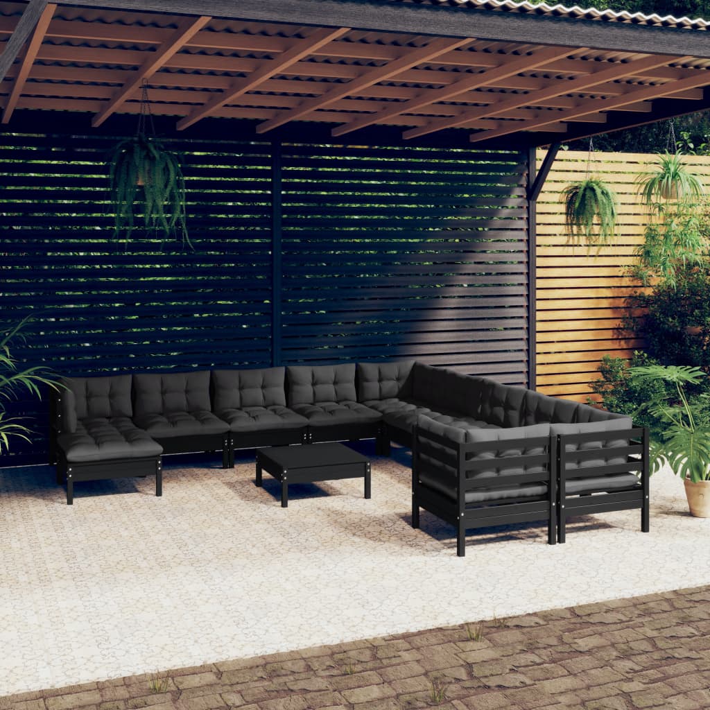 Set Divani da Giardino 12 pz con Cuscini in Legno di Pino Nero 3097065