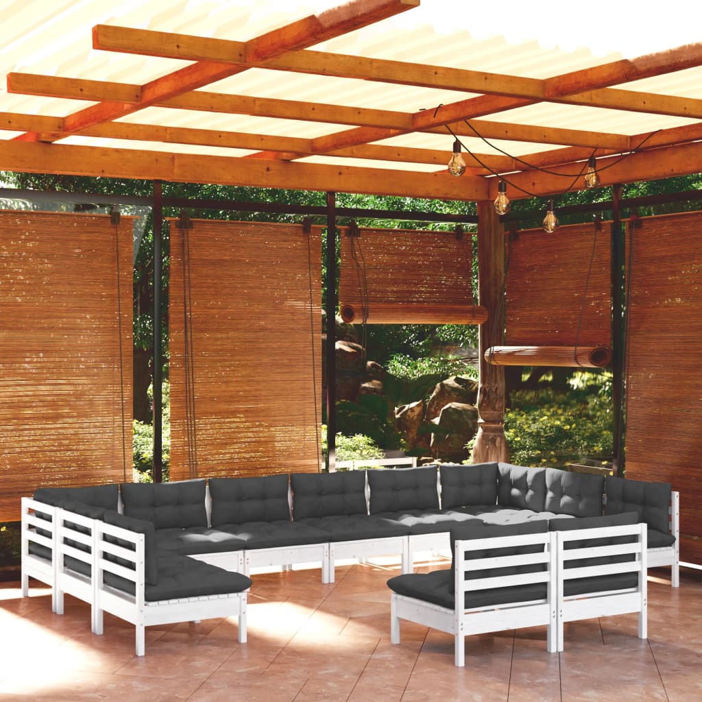 Set Divani da Giardino 12 pz con Cuscini Bianchi Legno di Pino 3097224