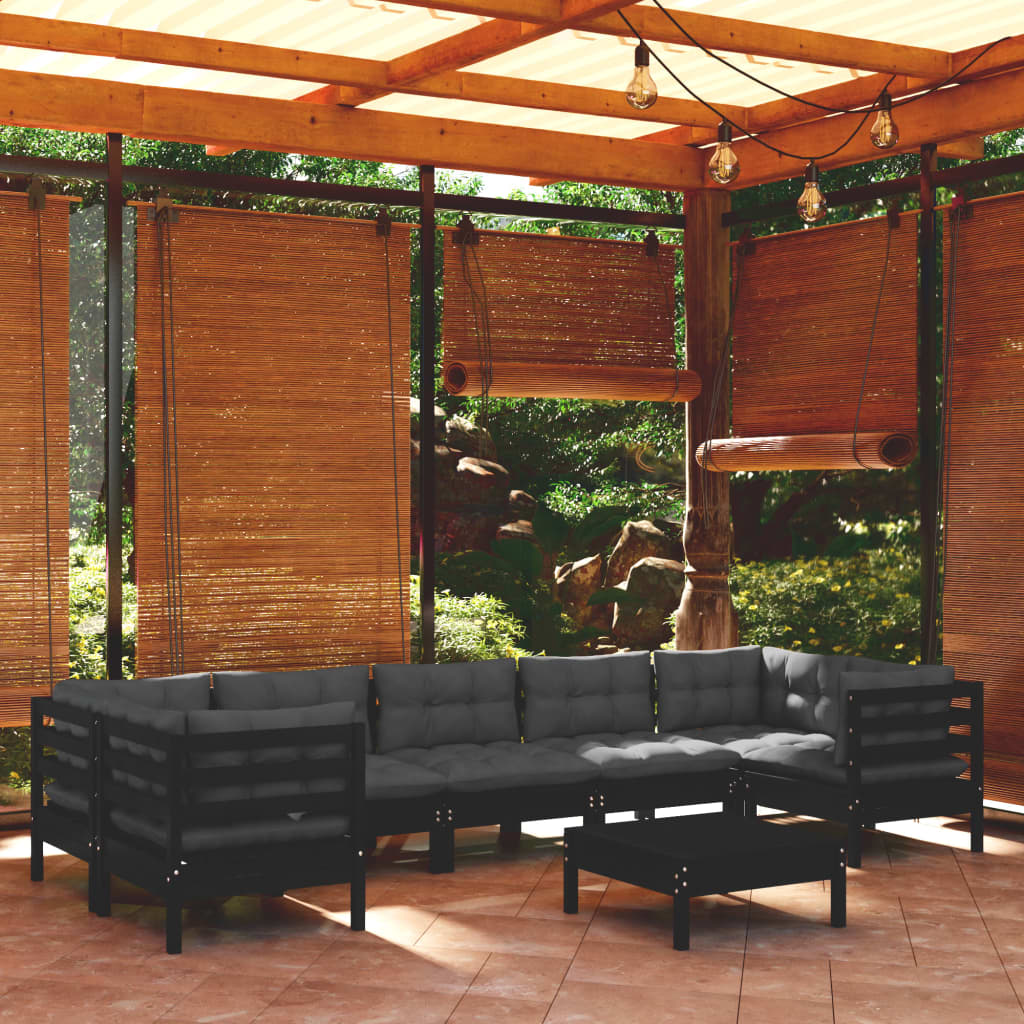 Set Divani da Giardino 8 pz con Cuscini Neri in Legno di Pino 3097317