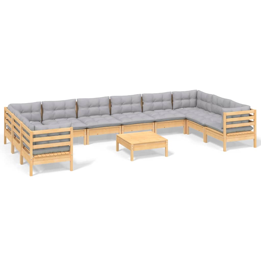 Set Divani da Giardino 11 pz con Cuscini Grigi Massello di Pino 3097336