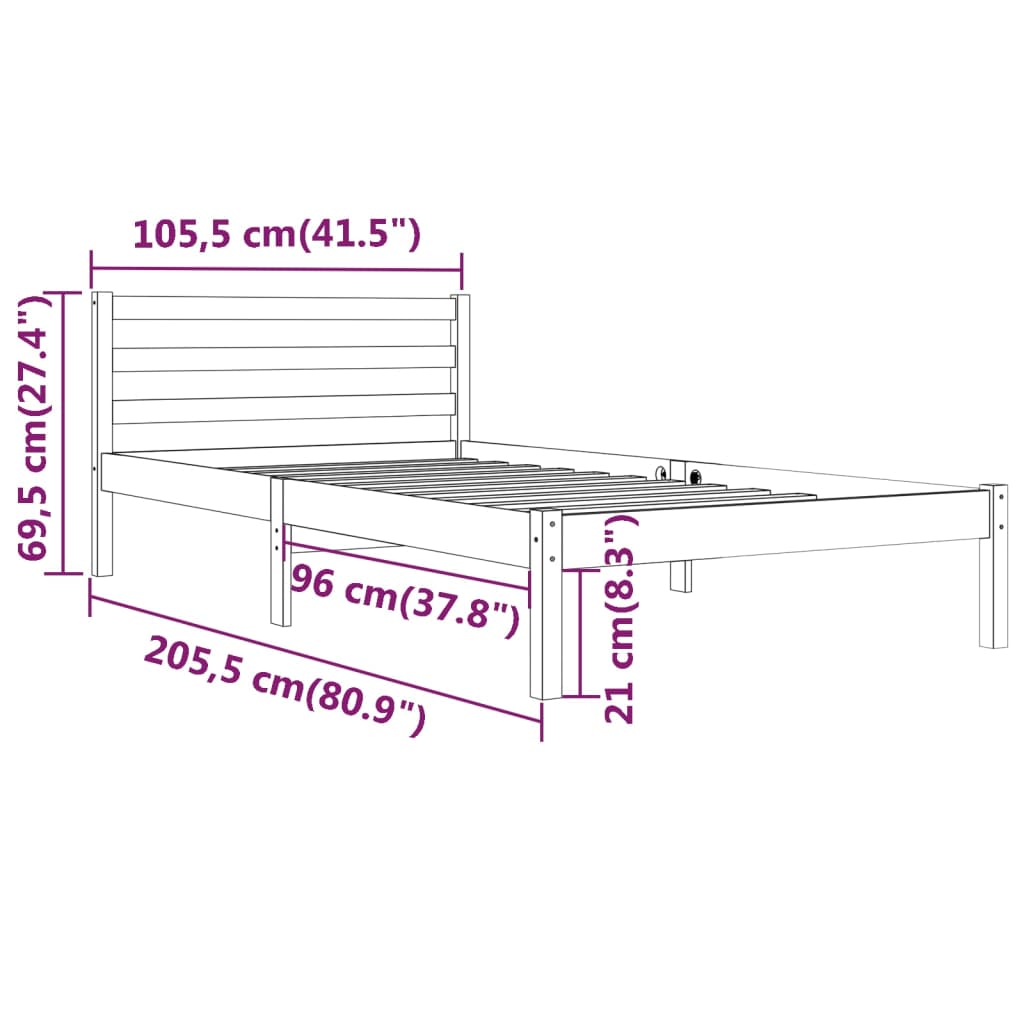 Telaio Letto in Legno Massello di Pino 100x200 cm Nero 810424