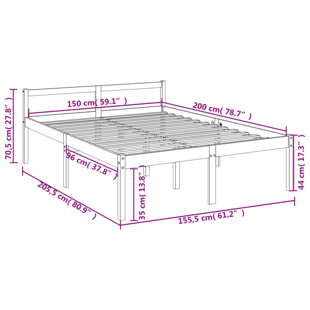 Letto per Anziani 150x200 cm King in Legno Massello di Pino 810622