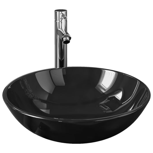 Lavandino Bagno con Rubinetto e Piletta in Vetro Temperato Nero 3098449