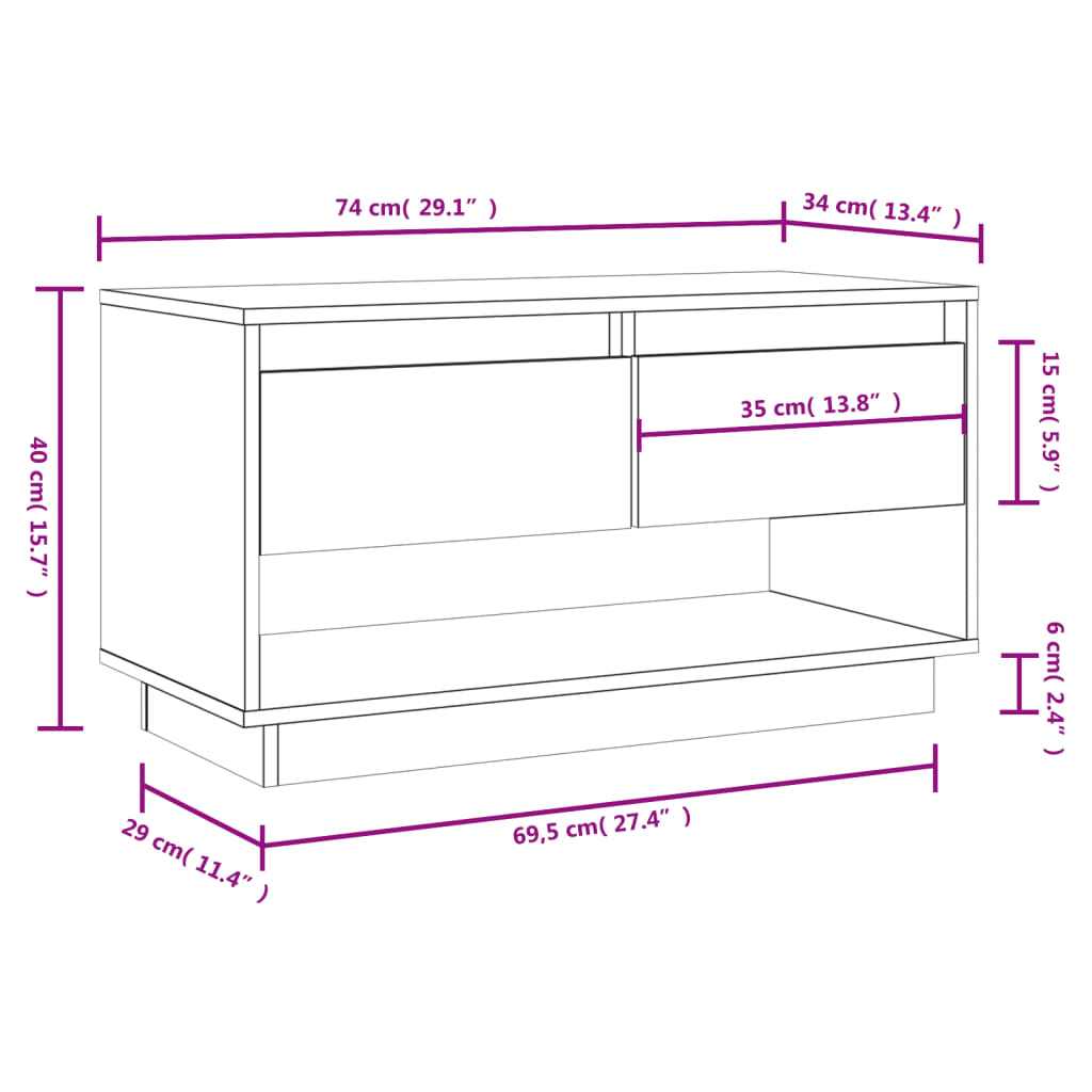 Mobile Porta TV Bianco 74x34x40 cm in Legno Massello di Pino