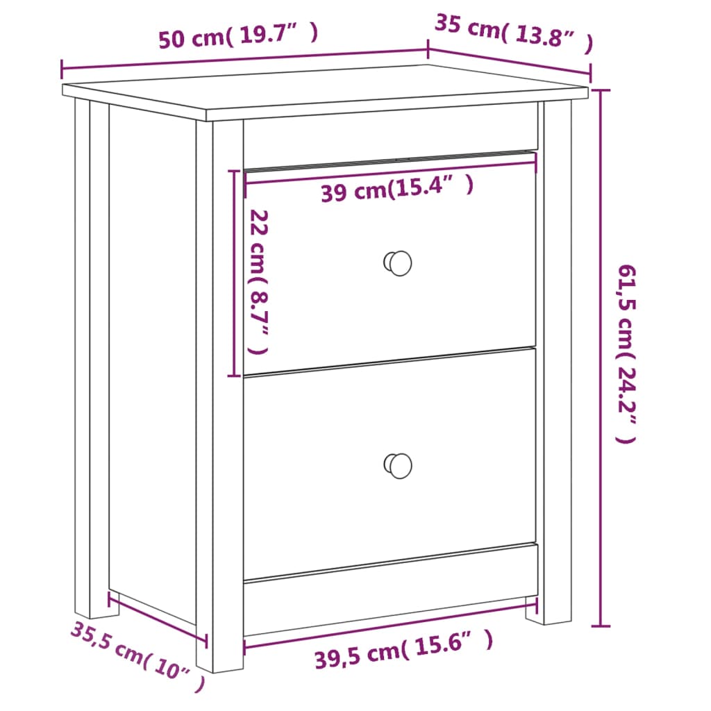 Comodino 50x35x61,5 cm in Legno Massello di Pino 813679