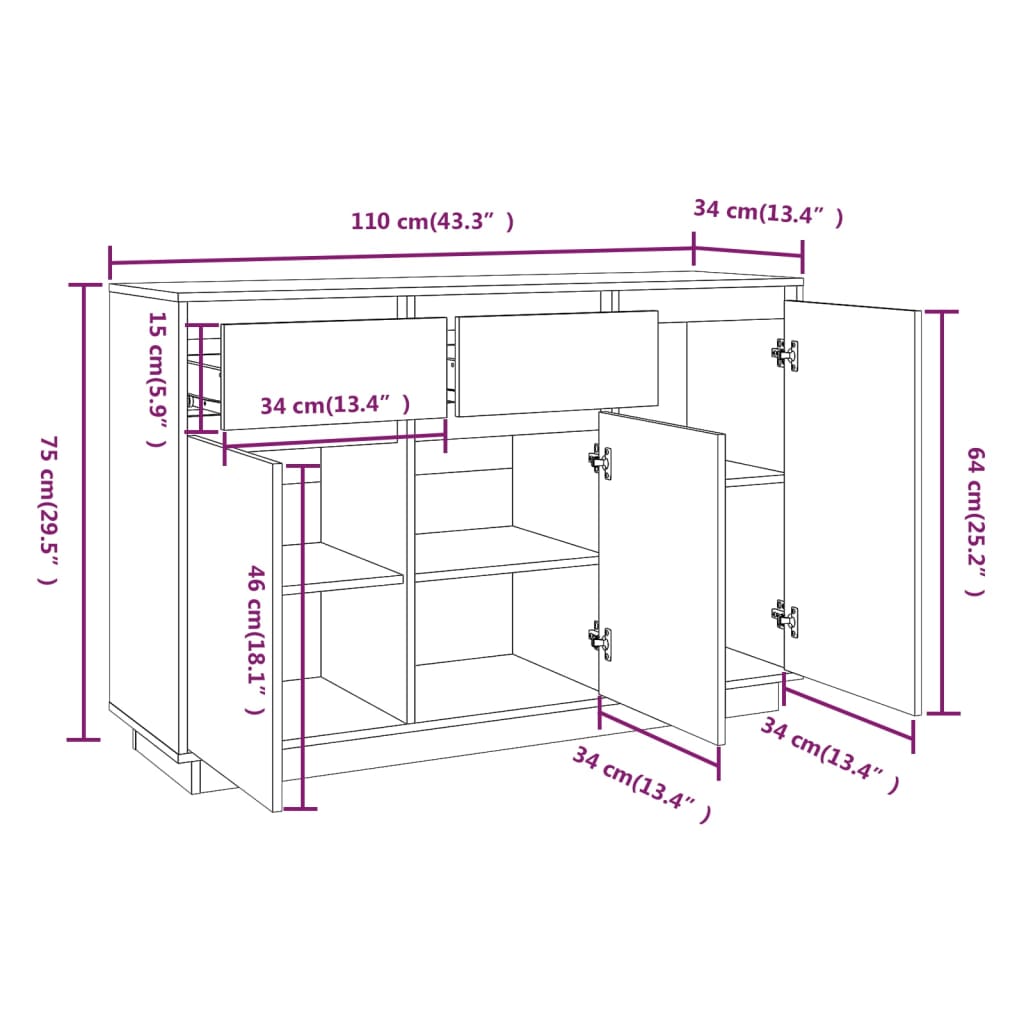 Credenza 110x34x75 cm in Legno Massello di Pino