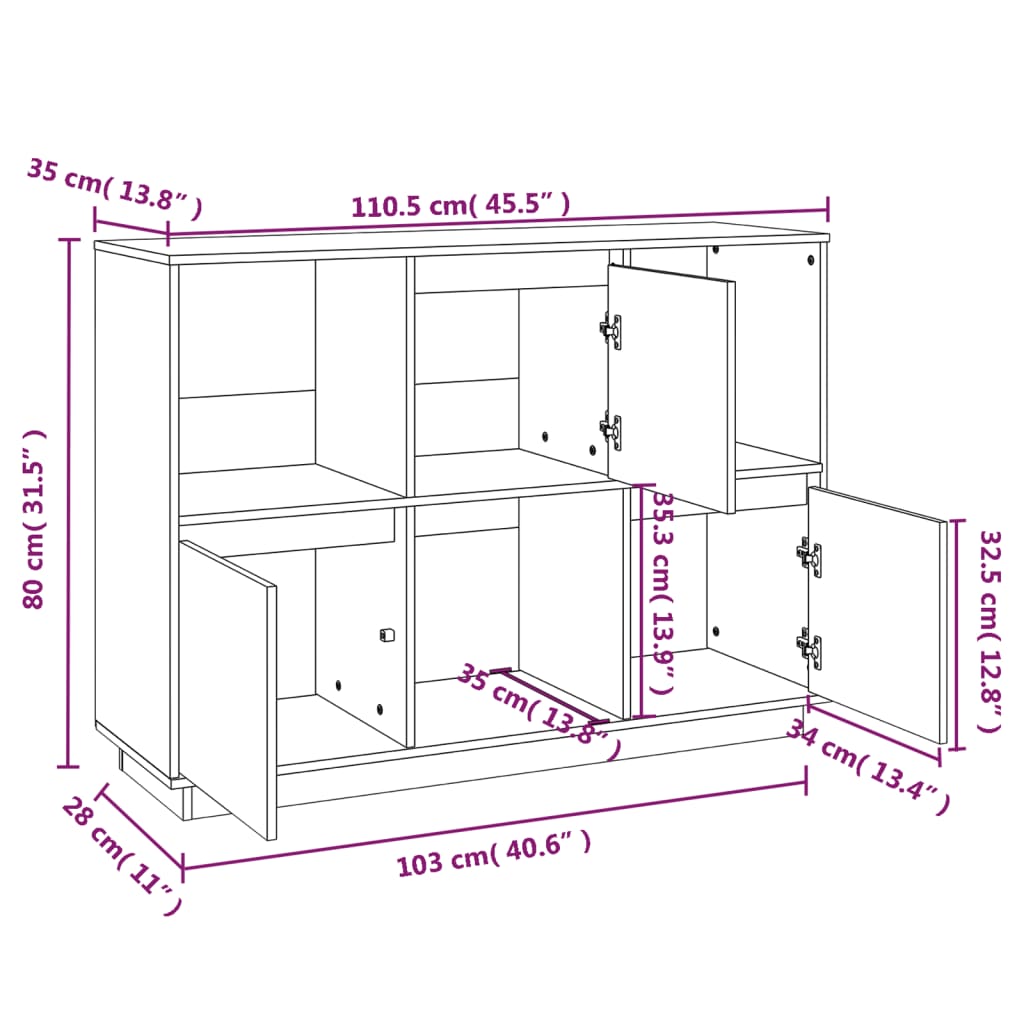 Credenza Bianca 110,5x35x80 cm in Legno Massello di Pino cod mxl 7319