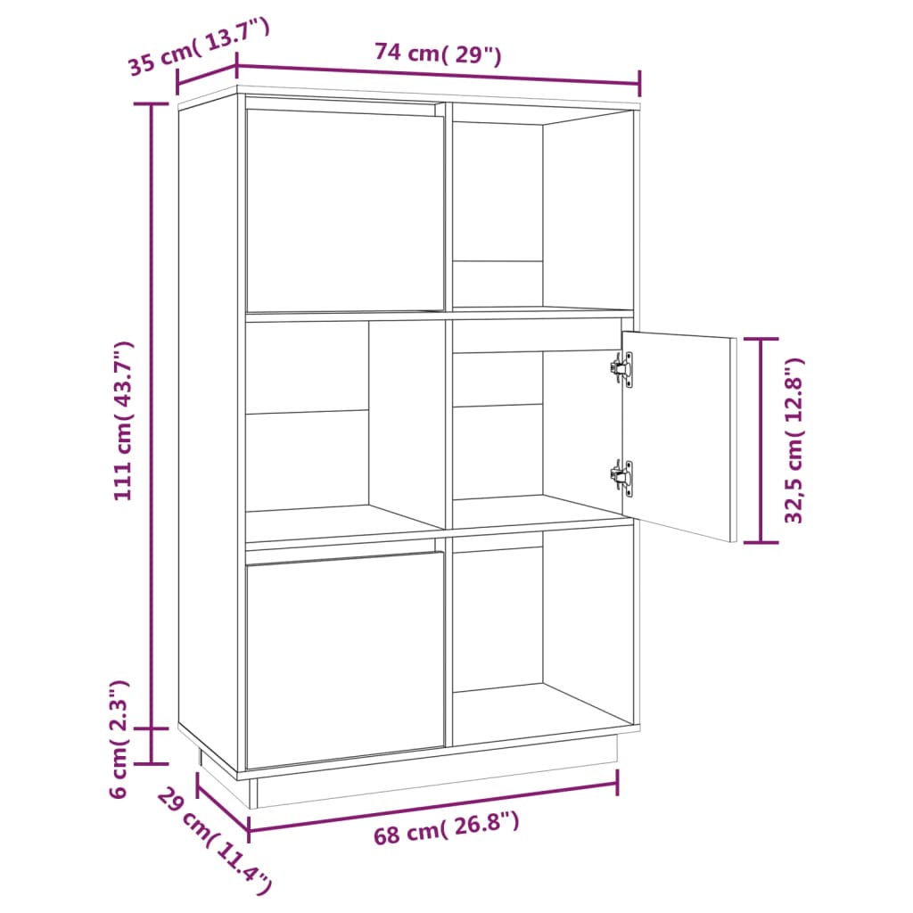 Credenza Miele 74x35x117 cm in Legno Massello di Pino