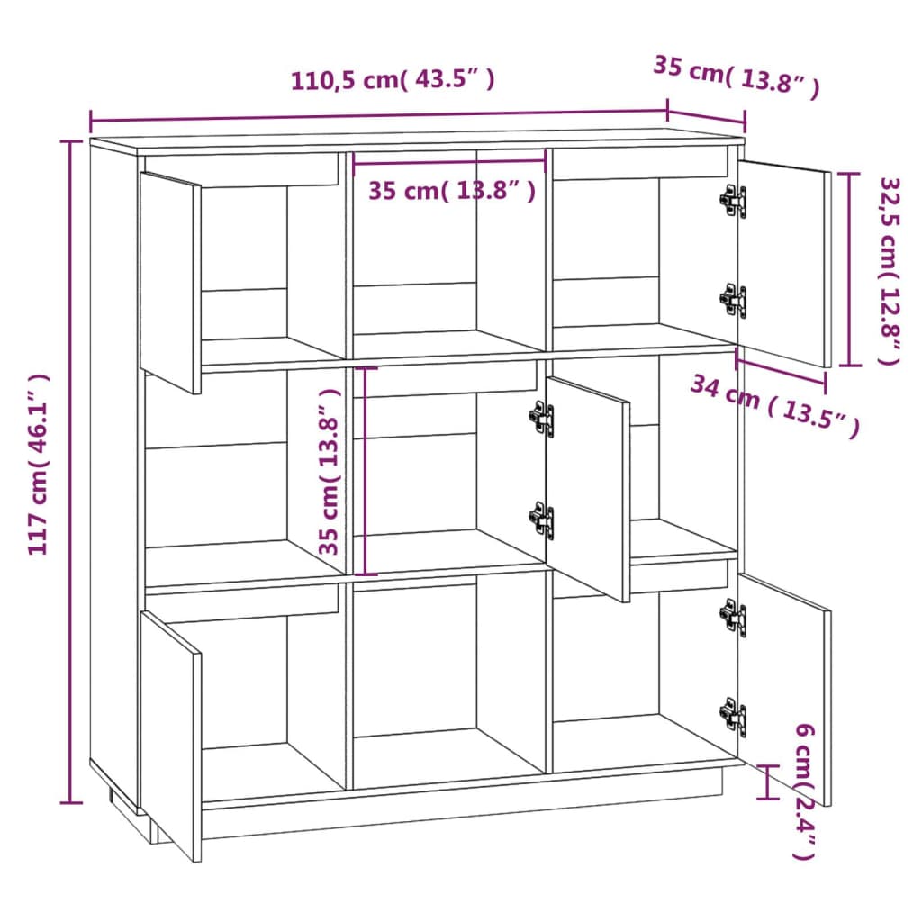 Credenza Bianca 110,5x35x117 cm in Legno Massello di Pino cod 11292