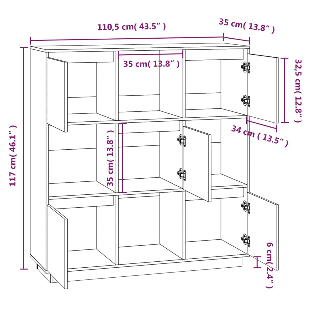 Credenza Grigia 110,5x35x117 cm in Legno Massello di Pino cod 11112