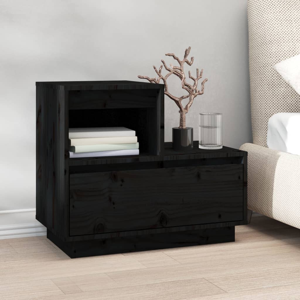 Comodino Nero 60x34x51 cm in Legno Massello di Pino