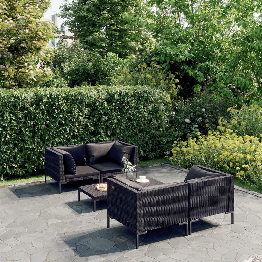 Set Divani Giardino 5 pz con Cuscini in Polyrattan Grigio Scuro 3099798