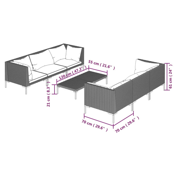 Set Divani Giardino 7 pz con Cuscini in Polyrattan Grigio Scuro 3099800