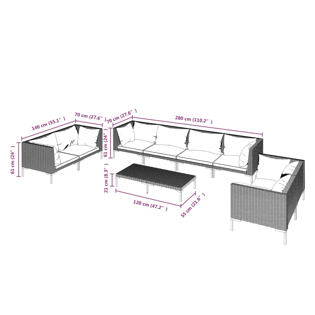 Set Divani da Giardino 9 pz con Cuscini Polyrattan Grigio Scuro 3099835