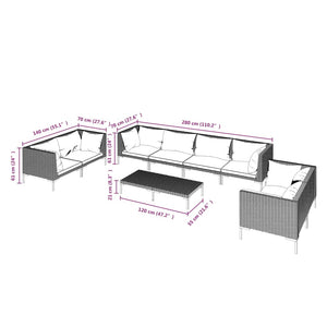 Set Divani da Giardino 9 pz con Cuscini Polyrattan Grigio Scuro 3099835